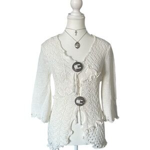 Y2K “Lisa International” White Knit Ruffle Trim Quarter Sleeve Cardigan
